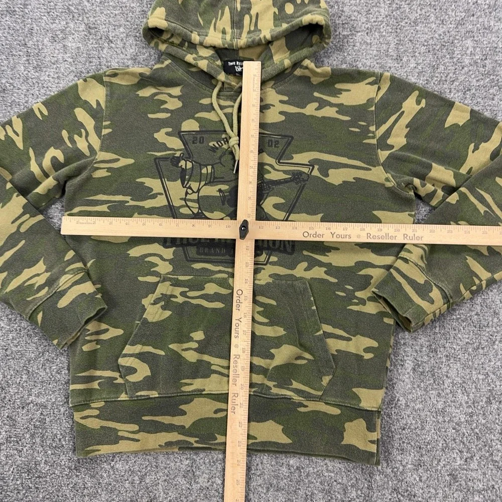 True Religion Hoodie Mens Small Green Camo Pullover Sweatshirt Buddha Logo